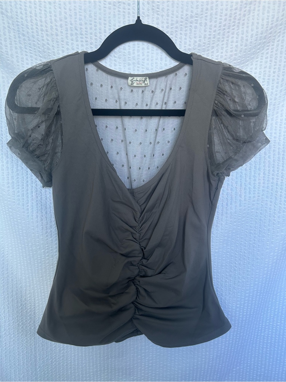 Intimately Free People Grey Mesh Dot Ruched Puff Sleeve Top Size Small